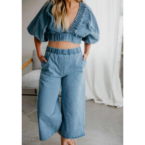 Wide Leg Denim Pants With Pockets Ankle Size S
